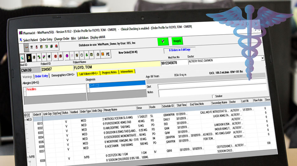 The medication order entry screen in WinPharm, with fields for patient name, drug selection, dosage, and administration schedule.
