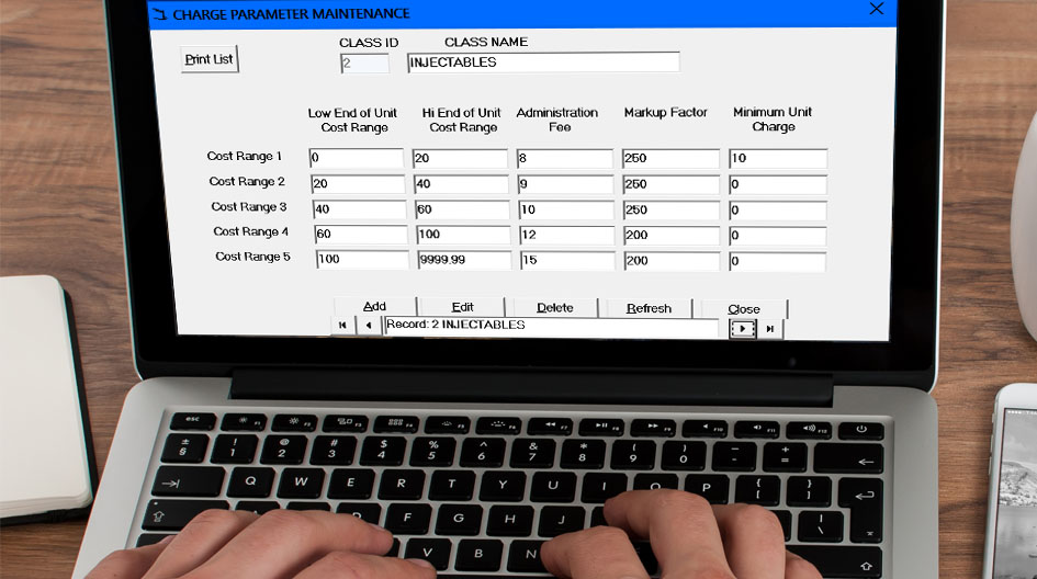 The charge parameter maintenance screen in WihPharm